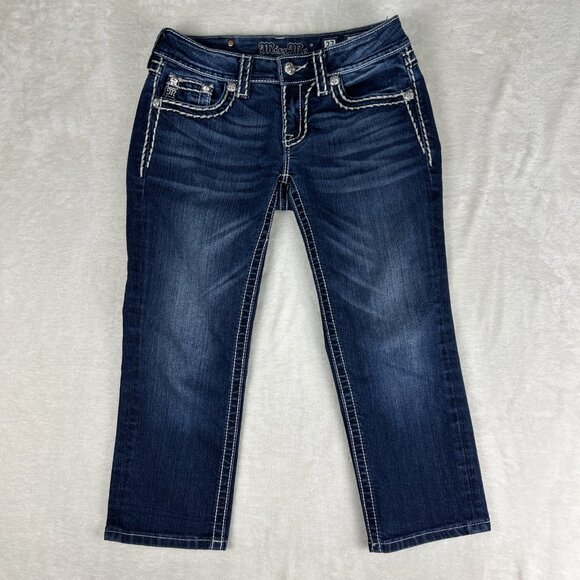 Miss Me Jeans Womens 27 Signature Cuffed Capri Embroidered Thick Stitch Bling - Picture 1 of 14